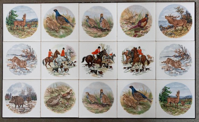 Set of Three Nesting Tables French Hunting Sceneries and Fishes Tiles Top Mid-C, 1960s, Set of 3-RIU-1425751