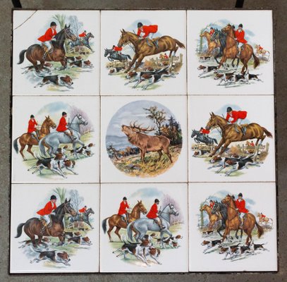 Set of Three Nesting Tables French Hunting Sceneries and Fishes Tiles Top Mid-C, 1960s, Set of 3-RIU-1425751