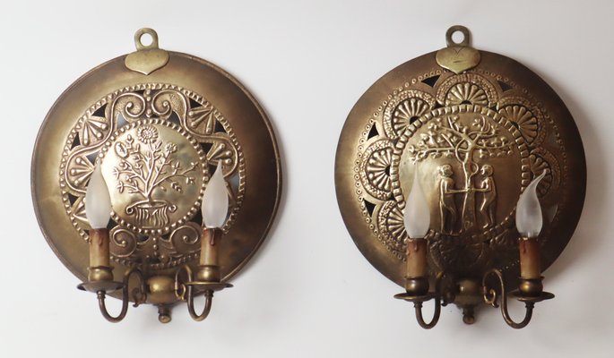 Set Wall Lamp Adam & Eva & Lebensbaum Brass, 1890s, Set of 2-ESB-1450750