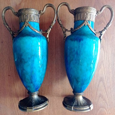 Sevres Bronze Mounted Vases with Green and Blue Glazed Faience, Set of 2-NRC-1424841