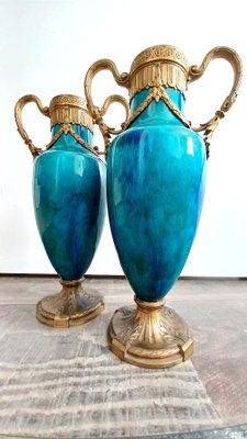 Sevres Bronze Mounted Vases with Green and Blue Glazed Faience, Set of 2-NRC-1424841