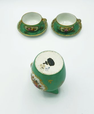 Sèvres style Tête-À-Tete Coffee Service in Emerald Green Painted with Bouquets of Flowers, Set of 6-OZS-1371496