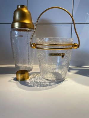 Shaker and Ice Bucket in Gilt from Val Saint Lambert, 1960s, Set of 2-XQY-924272