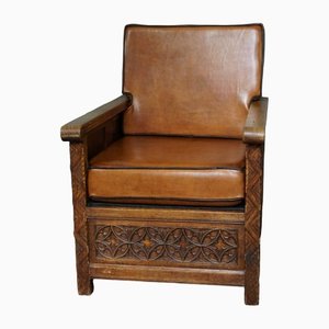 Sheep Leather Armchair with Carved Wood-HPP-1286070