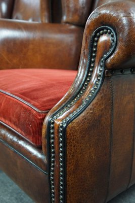 Sheep Leather Armchairs with Red Corduroy Seat Cushions, Set of 2-HPP-1722141