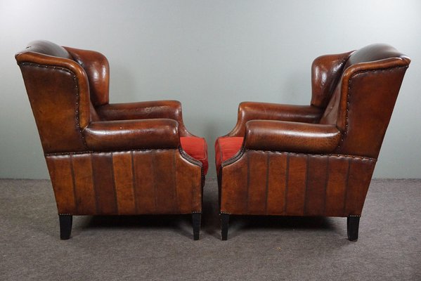 Sheep Leather Armchairs with Red Corduroy Seat Cushions, Set of 2-HPP-1722141