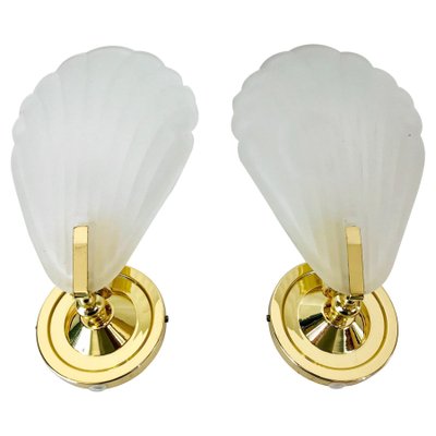 Shell Shaped Brass and Glass Wall Lamps, 1980s, Set of 2-PUK-636578