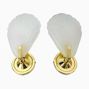 Shell Shaped Brass and Glass Wall Lamps, 1980s, Set of 2-PUK-636578