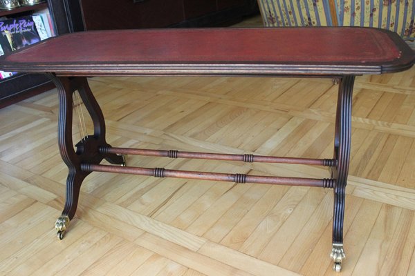 Sheraton Table on Caster Wheels with Leather Top, 1940s-UWJ-1407034