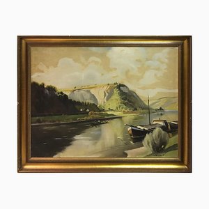 Ship on Water with Mountain, 1900, Oil on Canvas, Framed-FLW-1402139