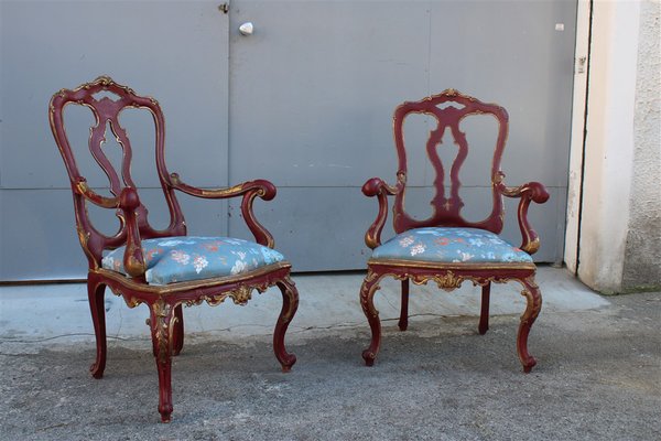 Sicilian Baroque Style Armchairs in Red Lacquer, 1930s, Set of 2-EH-1150939