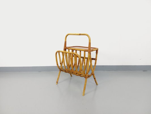 Side Table with Rattan and Wood Magazine Rack, 1960s-AHO-1758393