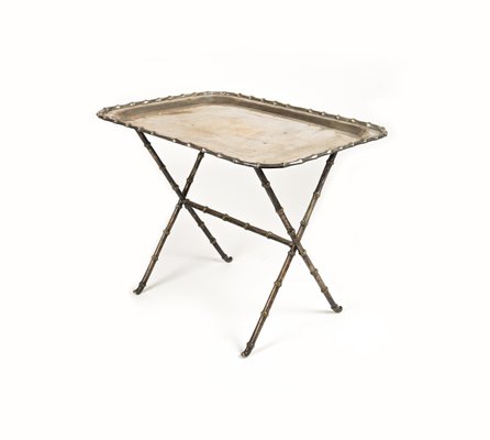 Side Table with Tray in Faux Bamboo & Silvered Brass from Maison Bagues, France, 1960s-LYQ-1719011