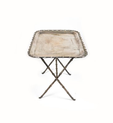 Side Table with Tray in Faux Bamboo & Silvered Brass from Maison Bagues, France, 1960s-LYQ-1719011