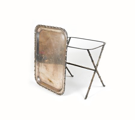 Side Table with Tray in Faux Bamboo & Silvered Brass from Maison Bagues, France, 1960s-LYQ-1719011