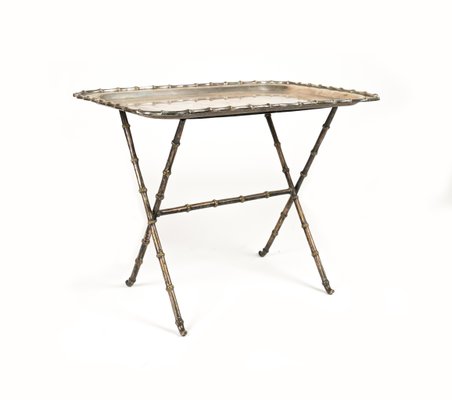 Side Table with Tray in Faux Bamboo & Silvered Brass from Maison Bagues, France, 1960s-LYQ-1719011