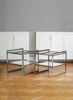 Side Tables in Steel with Mirrored Glass and Lower Shelf, 1970s, Set of 2-MNF-1311897