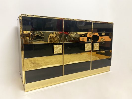 Sideboard in Brass and Colored Glass, 1970s-WIM-1131434