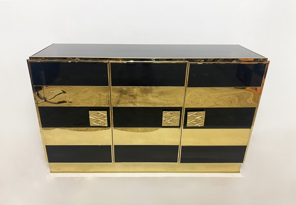 Sideboard in Brass and Colored Glass, 1970s-WIM-1131434