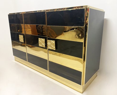 Sideboard in Brass and Colored Glass, 1970s-WIM-1131434