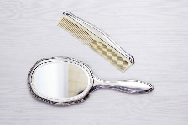 Silver Hand Mirror and Comb, 1930s, Set of 2-BQF-1727774