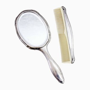 Silver Hand Mirror and Comb, 1930s, Set of 2-BQF-1727774