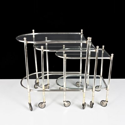 Silver Plated Brass Nesting Tables with Wheels from Maison Jansen, France, Set of 3-JDR-1126240