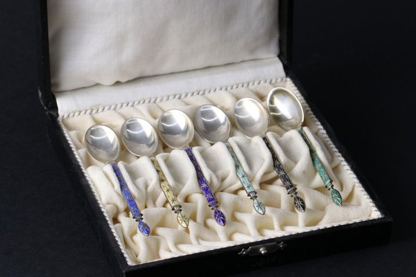 Silver Spoons with Enamel in a Gift Case, Set of 6-WMV-902519