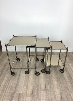 Silvered Brass & Faux Bamboo Nesting Bar Cart from Maison Baguès, France, 1960s, Set of 3-LYQ-1171583