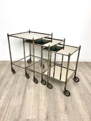 Silvered Brass & Faux Bamboo Nesting Bar Cart from Maison Baguès, France, 1960s, Set of 3-LYQ-1171583