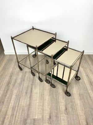 Silvered Brass & Faux Bamboo Nesting Bar Cart from Maison Baguès, France, 1960s, Set of 3-LYQ-1171583