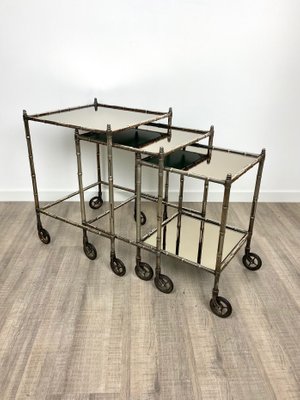 Silvered Brass & Faux Bamboo Nesting Bar Cart from Maison Baguès, France, 1960s, Set of 3-LYQ-1171583