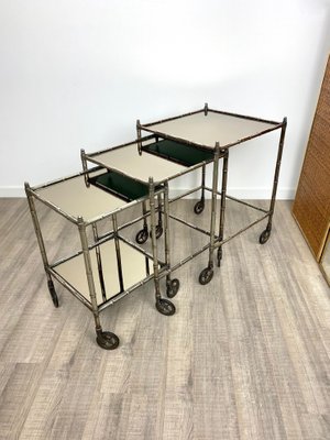 Silvered Brass & Faux Bamboo Nesting Bar Cart from Maison Baguès, France, 1960s, Set of 3-LYQ-1171583