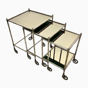 Silvered Brass & Faux Bamboo Nesting Bar Cart from Maison Baguès, France, 1960s, Set of 3-LYQ-1171583