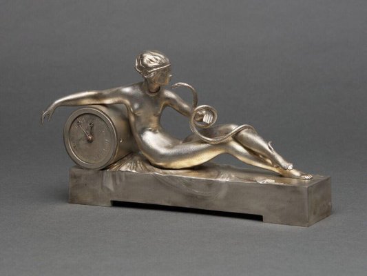 Silvered Bronze Clock by Ary Bitter Woman, 1930-QKG-2034415