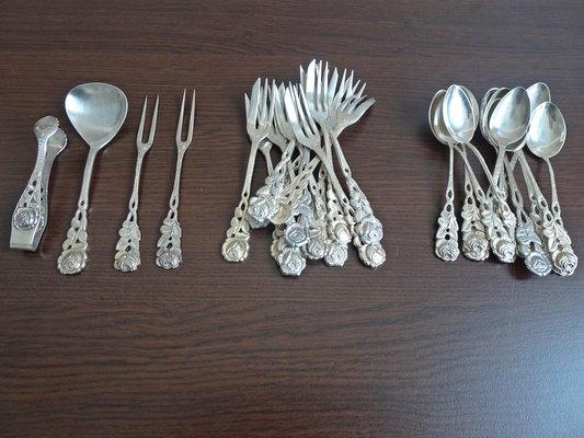 Silvered Coffee Cutlery with Rose Pattern, Germany, 1970s, Set of 28-BLG-1766214