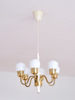 Six Arm T526 Brass and Opal Glass Chandelier by Hans-Agne Jakobsson for AB Markaryd, Sweden, 1960s-FMT-1060158