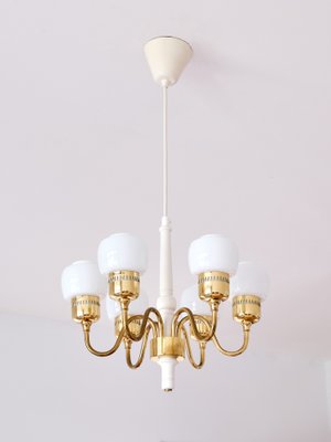 Six Arm T526 Brass and Opal Glass Chandelier by Hans-Agne Jakobsson for AB Markaryd, Sweden, 1960s-FMT-1060158