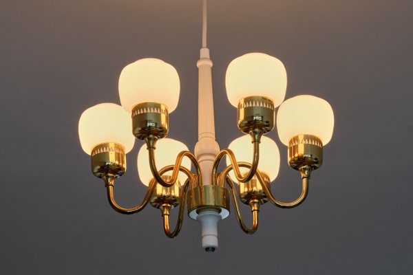 Six Arm T526 Brass and Opal Glass Chandelier by Hans-Agne Jakobsson for AB Markaryd, Sweden, 1960s-FMT-1060158