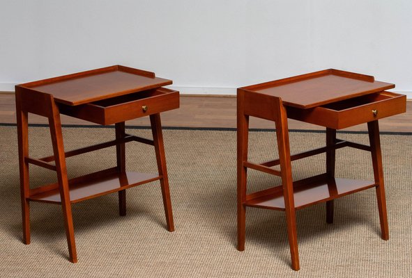 Slim Tall Swedish Solid Mahogany Nightstands, 1960s, Set of 2-JE-987188