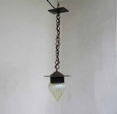 Small Antique Art Nouveau Wrought Iron and Glass Ceiling Lamp-EY-550548