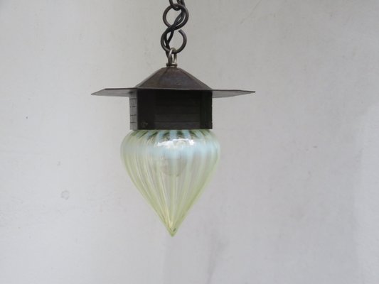 Small Antique Art Nouveau Wrought Iron and Glass Ceiling Lamp-EY-550548