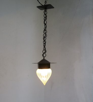 Small Antique Art Nouveau Wrought Iron and Glass Ceiling Lamp-EY-550548