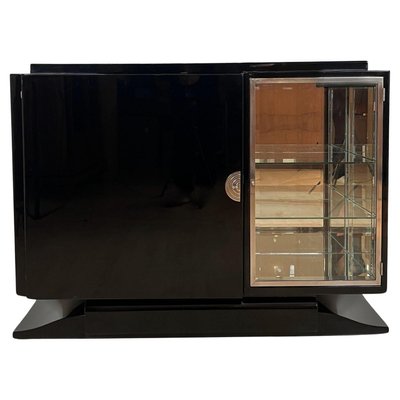 Small Art Deco Sideboard with Vitrine, Black Lacquer, Chrome, France 1930s-NNB-2036472