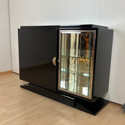 Small Art Deco Sideboard with Vitrine, Black Lacquer, Chrome, France 1930s-NNB-2036472