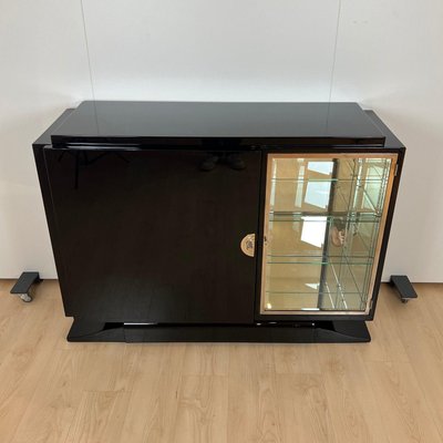 Small Art Deco Sideboard with Vitrine, Black Lacquer, Chrome, France 1930s-NNB-2036472