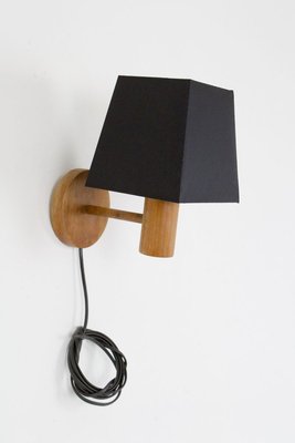 Small Artisan Wooden Wall Lamp with Black Shade, 1970s-FOH-883489