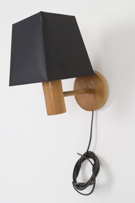 Small Artisan Wooden Wall Lamp with Black Shade, 1970s-FOH-883489