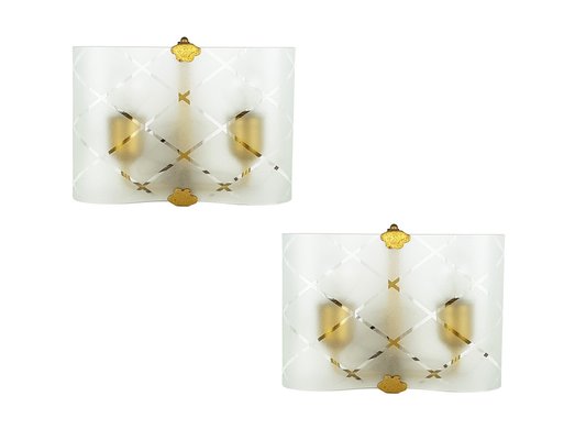 Small Bent Glass and Brass Sconces, 1940s, Set of 2-RD-1730058