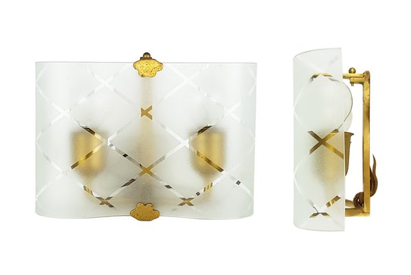 Small Bent Glass and Brass Sconces, 1940s, Set of 2-RD-1730058